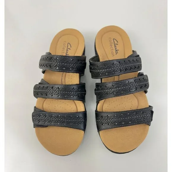 Clarks Women's Lauriann Black Leather Slide Sandals size 6 Adjustable straps - Picture 3 of 8